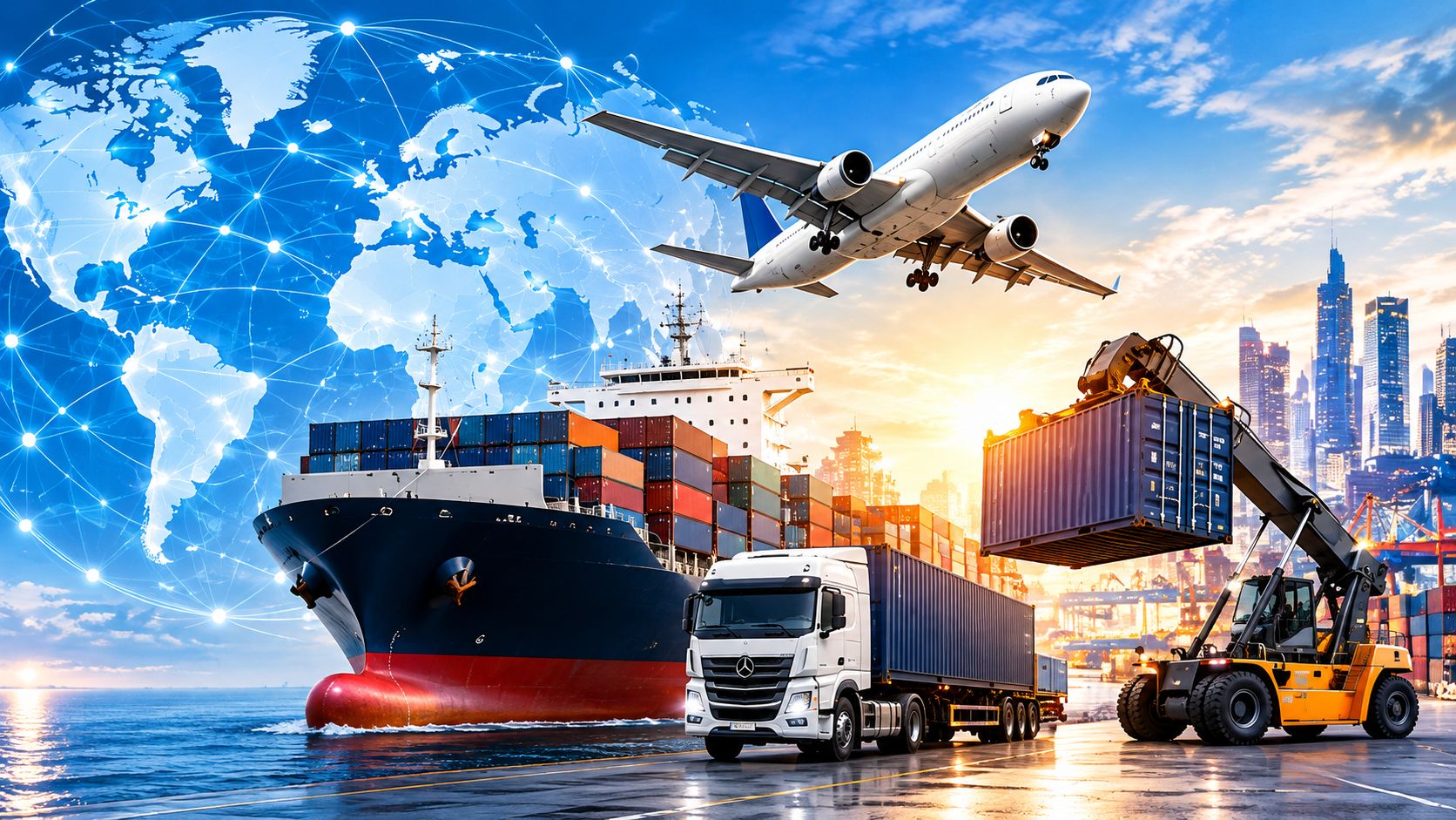 Navire, avion, camion et manutention de conteneurs autour d’un réseau logistique mondial